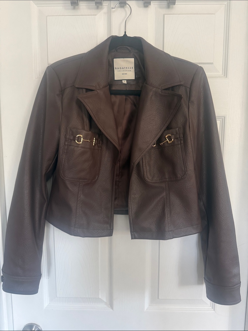 bagatelle Chocolate Brown Faux Leather Cropped Jacket with Gold Accents